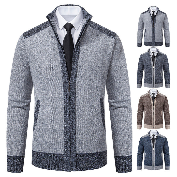 Men's Structured Knit Cardigan with Stand-up Collar and Full Zip