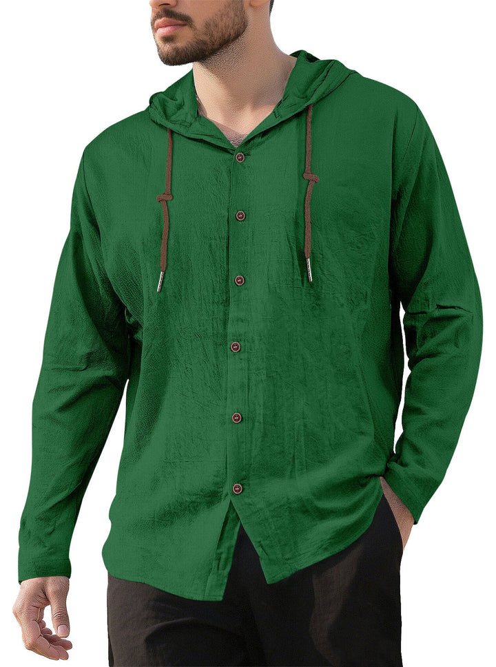 Men's Textured Linen Blend Hooded Shirt with Button Placket, Wood Buttons, and Side Slits