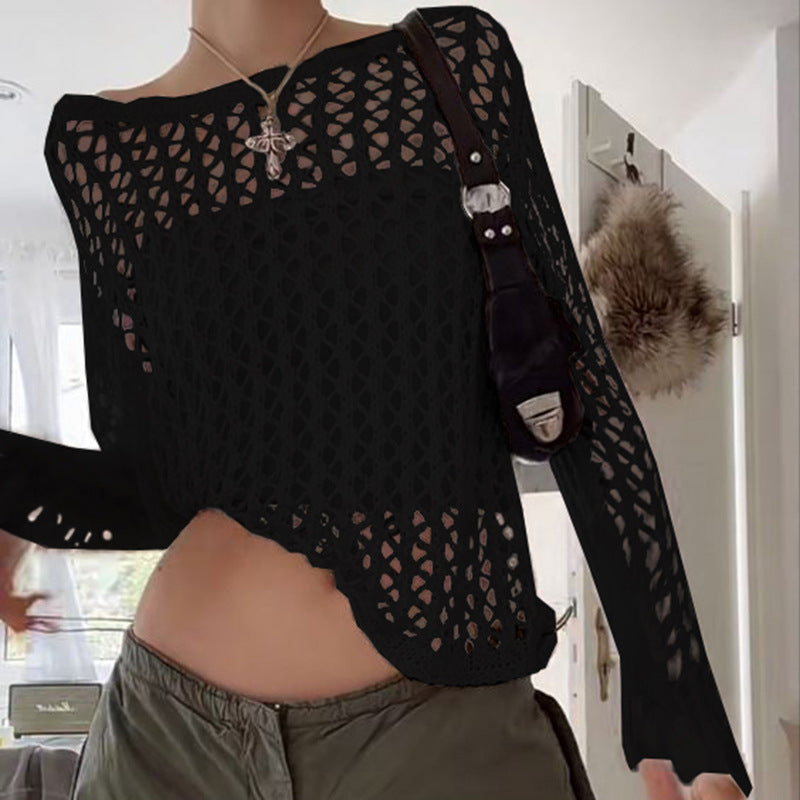 Women's Airy Knitted Pullover with Fine Mesh Pattern