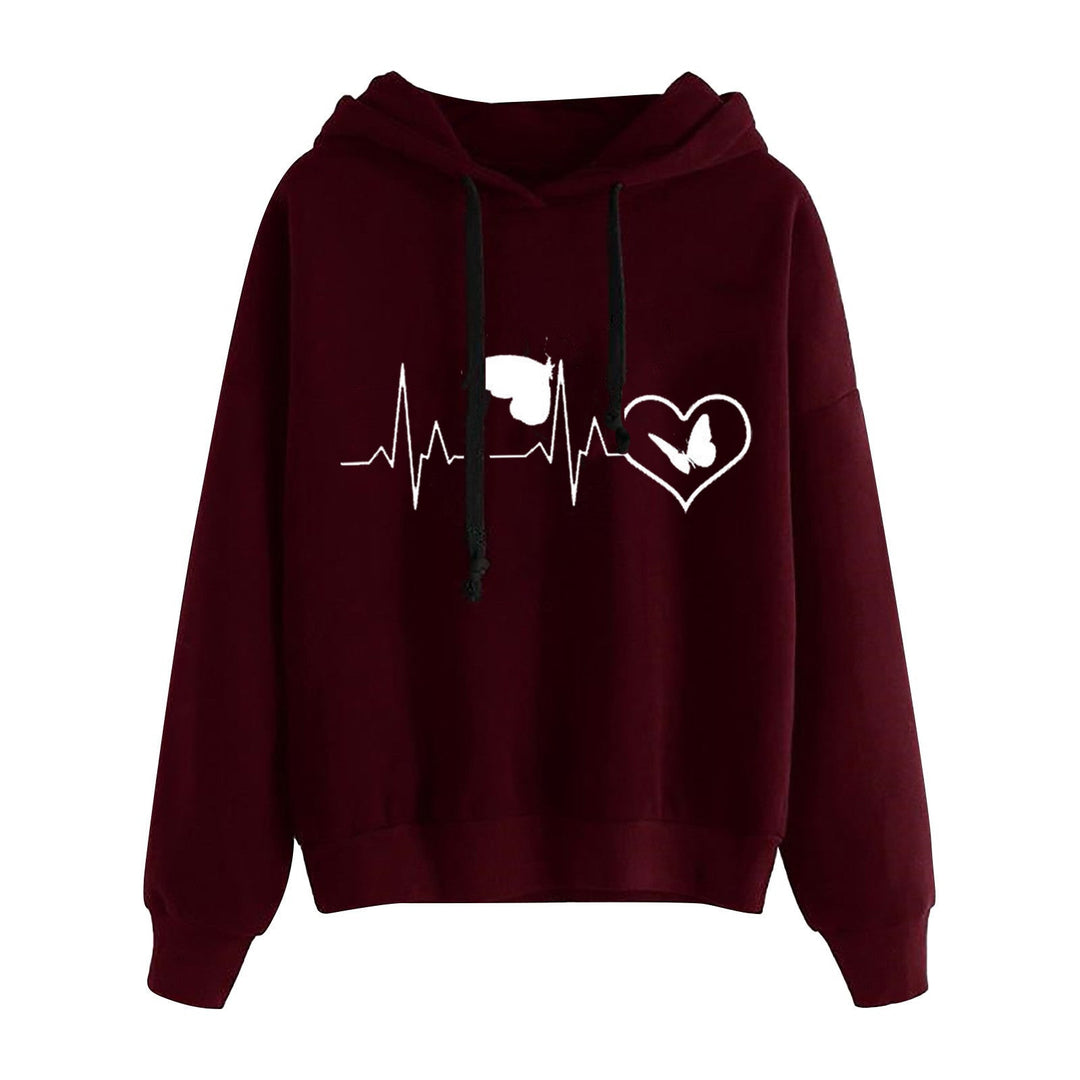 Women Light Oversized Hoodie with Heart EKG Motif, Long Cords and Elastic Cuff