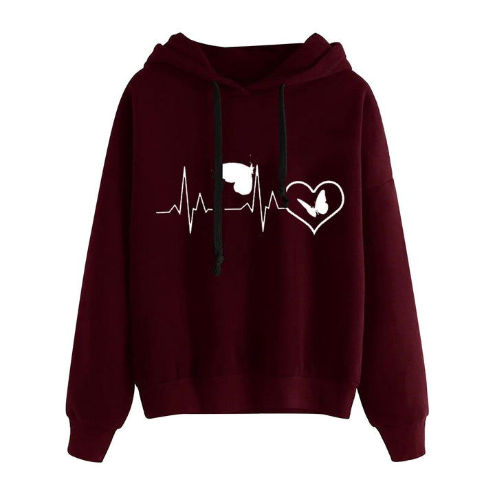 Women Light Oversized Hoodie with Heart EKG Motif, Long Cords and Elastic Cuff