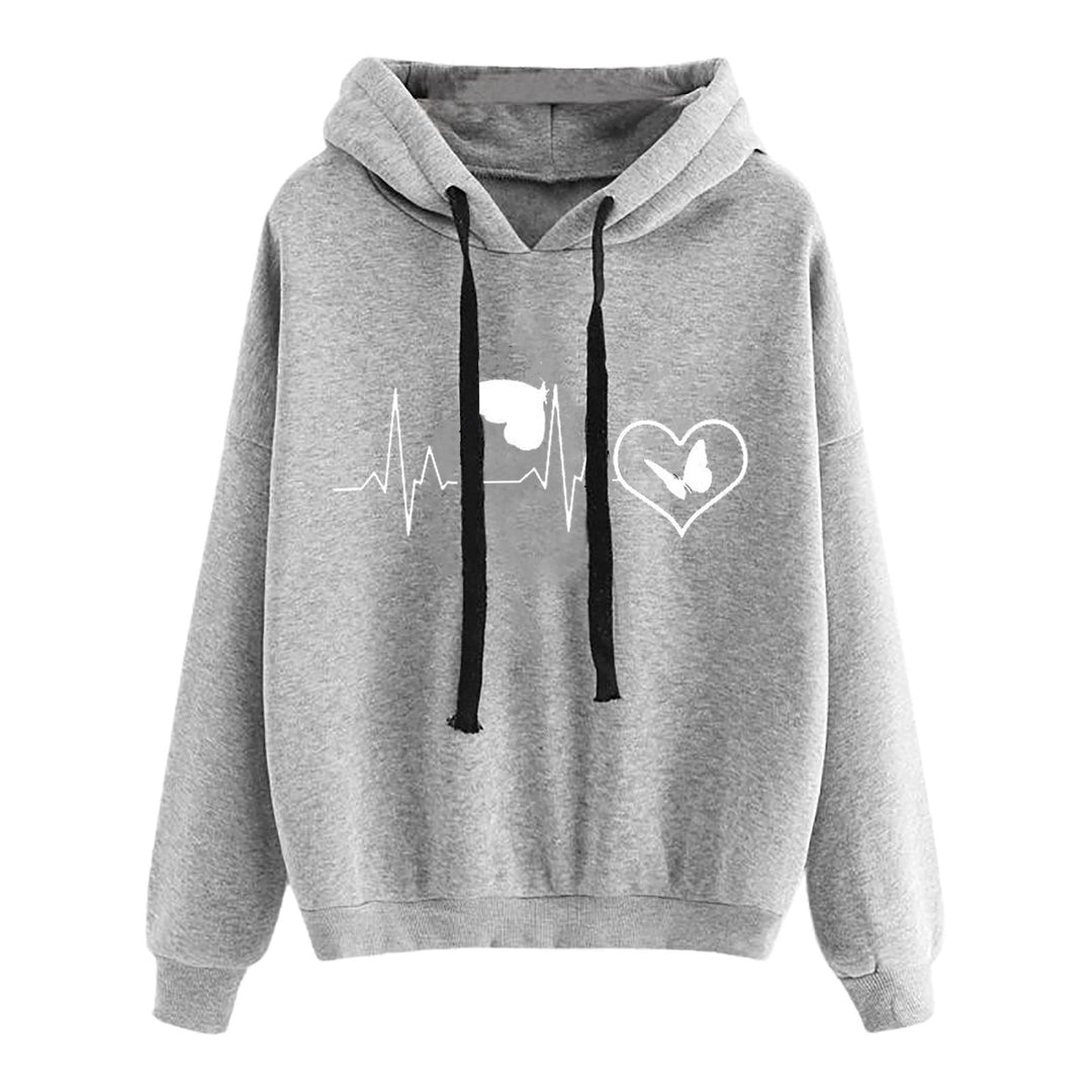 Women Light Oversized Hoodie with Heart EKG Motif, Long Cords and Elastic Cuff