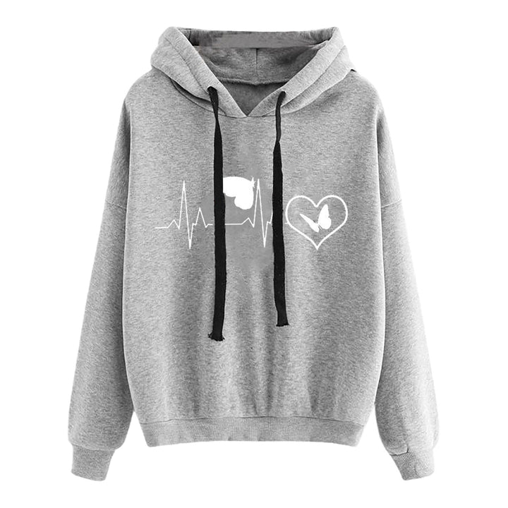 Women Light Oversized Hoodie with Heart EKG Motif, Long Cords and Elastic Cuff