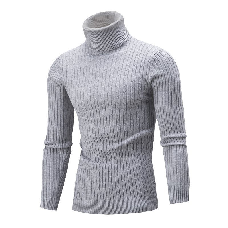Men's Ribbed Turtleneck Sweater with Cable Knit Pattern and Form-fitting Slim-fit Silhouette