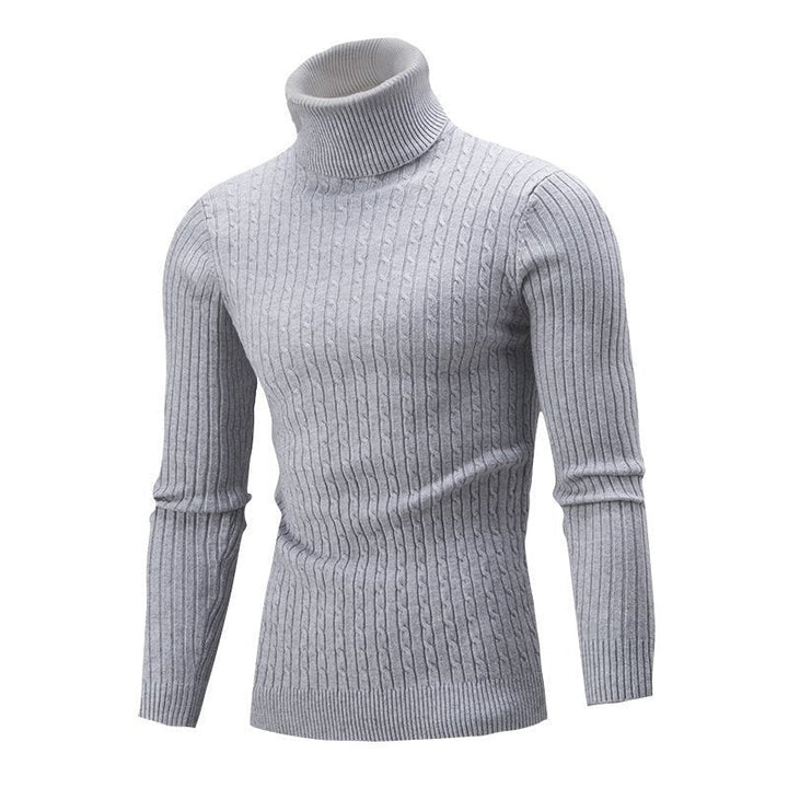Men's Ribbed Turtleneck Sweater with Cable Knit Pattern and Form-fitting Slim-fit Silhouette