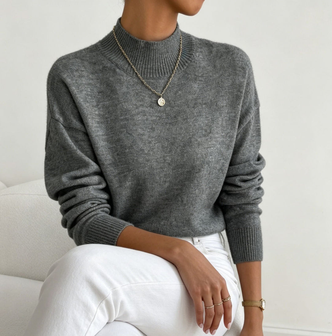 Women's Cozy Fine-knit Pullover with Stand-up Collar and Drop Shoulder