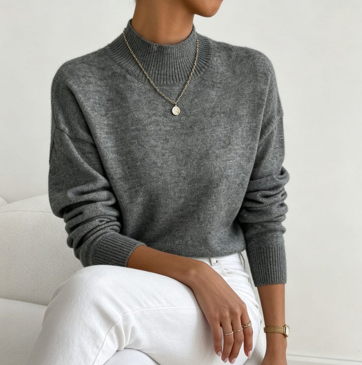 Women's Cozy Fine-knit Pullover with Stand-up Collar and Drop Shoulder
