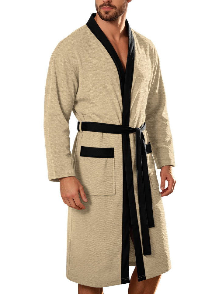 Men's Lightweight Cotton Kimono Bathrobe with Waffle Texture and Patch Pockets