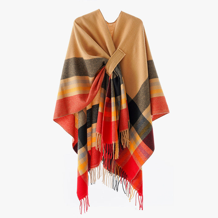Women's Cape Wrap made of Wool Blend with Tie Belt and Check Pattern