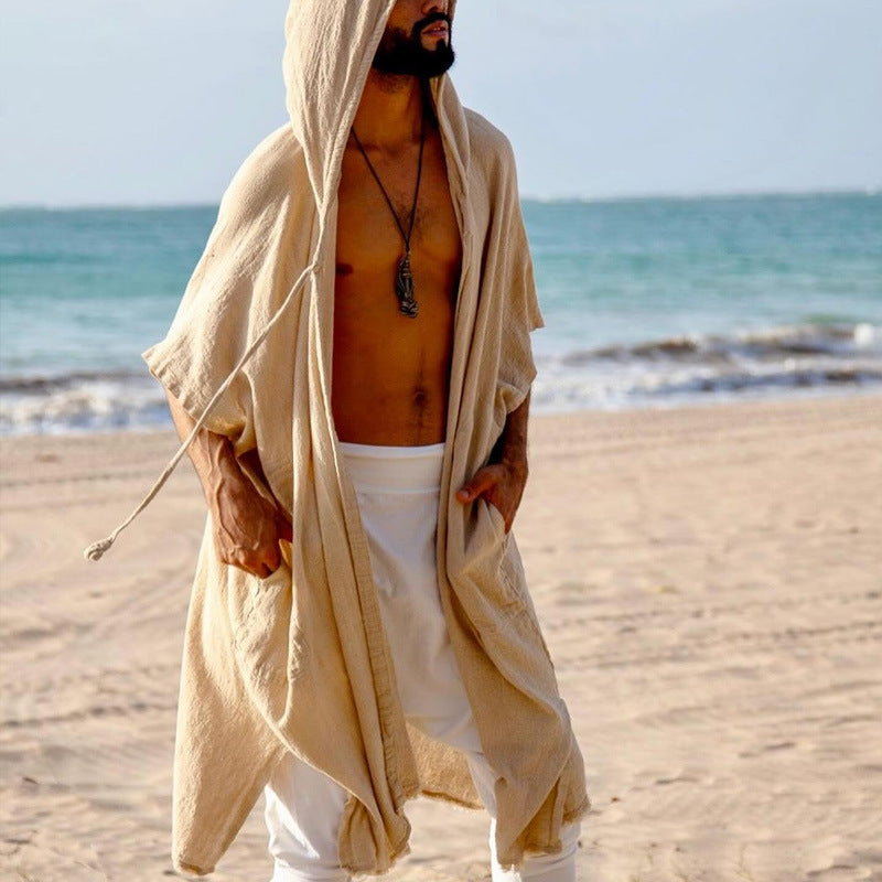 Men's Hooded Kaftan made of Linen-Cotton Blend Oversized with Pockets