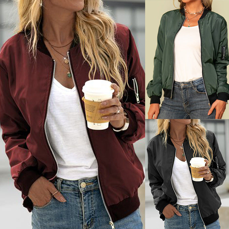 Women's Bomber Jacket with Pockets and Zipper
