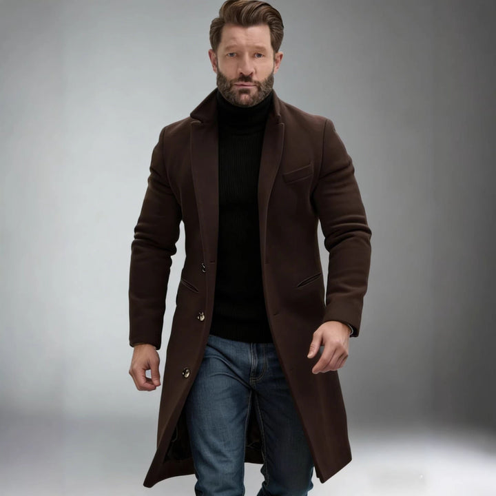 Men's Elegant Single-Breasted Long Coat made of Wool Blend with Slim Silhouette and Lapel Collar
