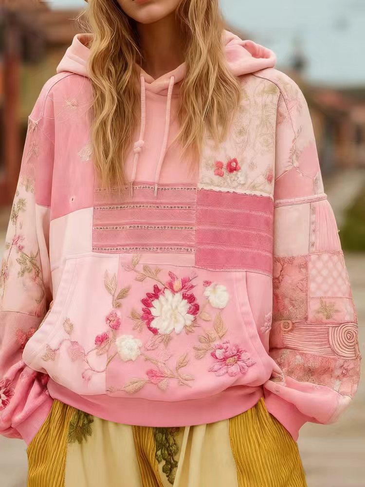 Women's Embroidered Patchwork Hoodie with Flower Applique and Kangaroo Pocket