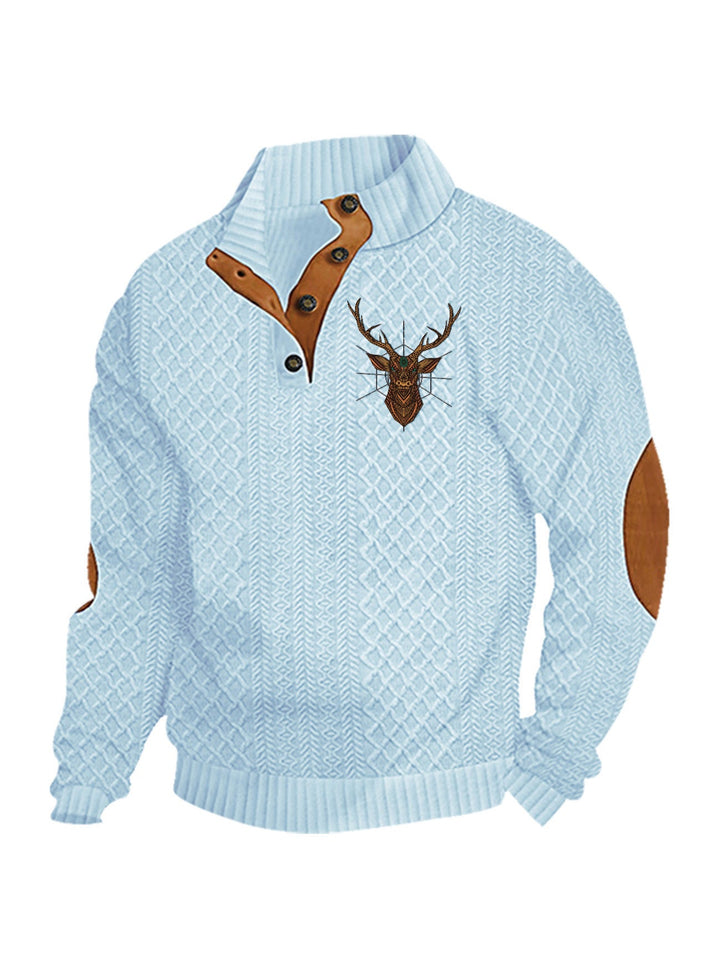 Men's Heritage Textured Pullover with Stand-up Collar Faux Leather Trim Elbow Patches and Half-button Placket