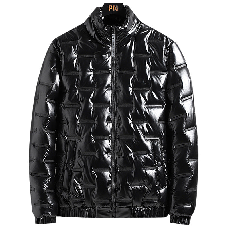 Men's Shiny Quilted Jacket with Geometric Quilting and Stand-up Collar