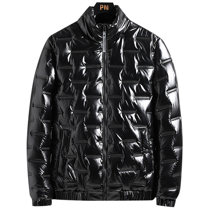 Men's Shiny Quilted Jacket with Geometric Quilting and Stand-up Collar