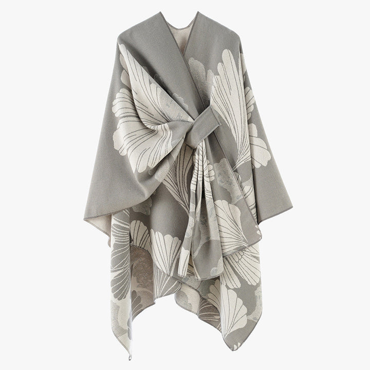 Women's Oversize Jacquard Cape made of Wool Blend with Floral Jacquard and Front Loop