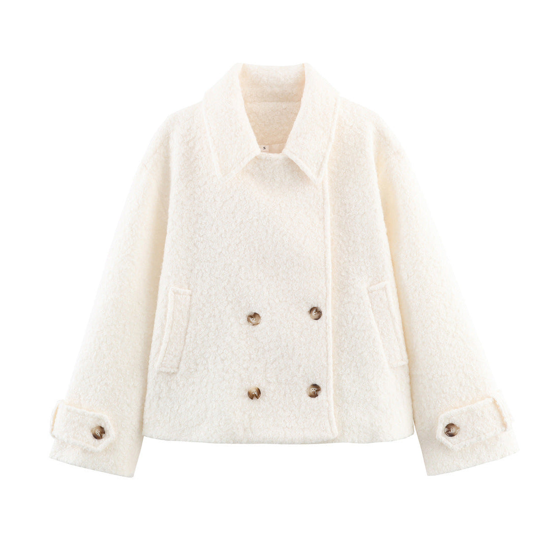 Women's Cast Bouclé Jacket with Short Cut, Double-breasted Button Placket and Cuff Bar