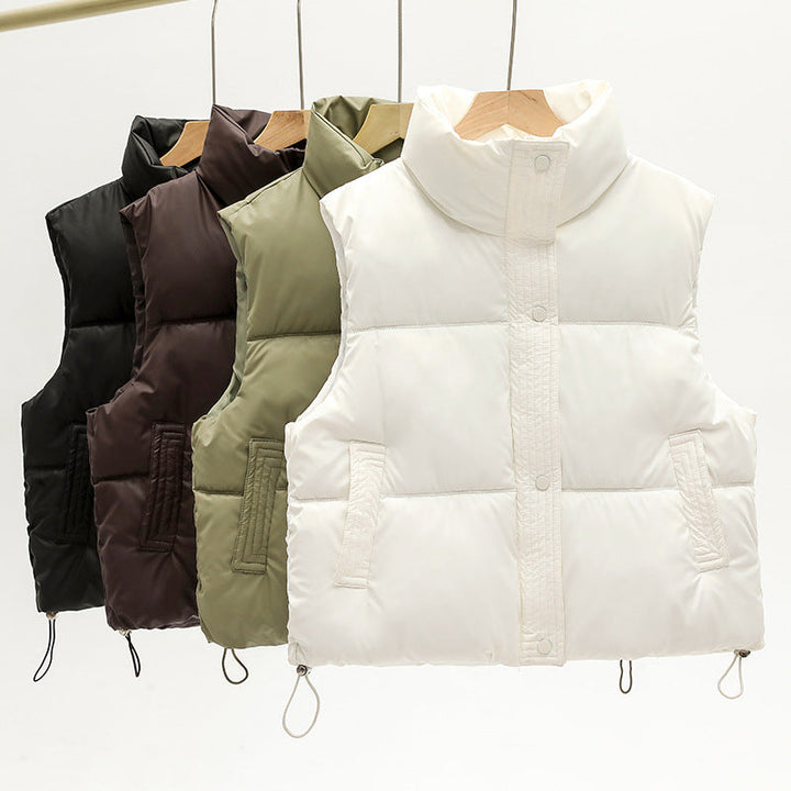 Women's Sleeveless Padded Quilted Vest with High Stand-up Collar and Drawstring