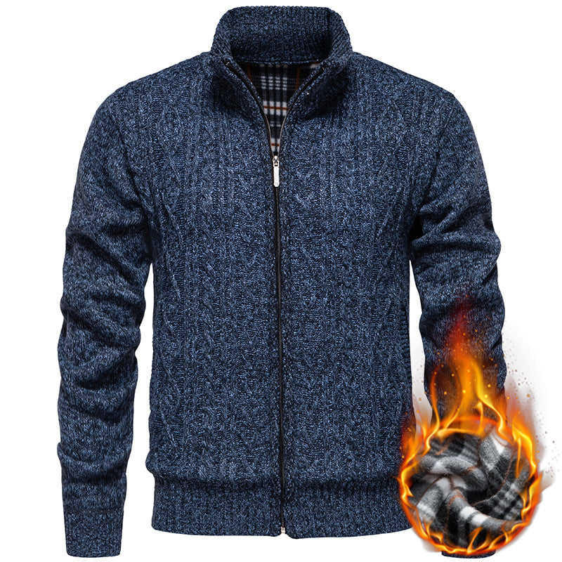 Men's Chunky Knit Cardigan with Cable Pattern, Stand-up Collar and Checked Inner Lining