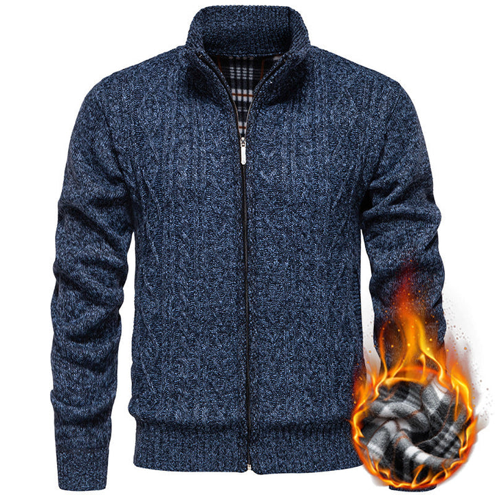 Men's Chunky Knit Cardigan with Cable Pattern, Stand-up Collar and Checked Inner Lining