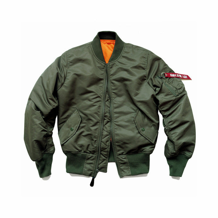 Men's Flight Bomber Jacket with Contrasting Inner Lining, Utility Arm Pocket, and Ribbed Cuffs