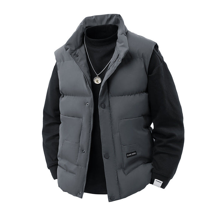 Men's Thermo Quilted Vest with High Collar Trim, Snap Button Front & Mounted Utility Pockets