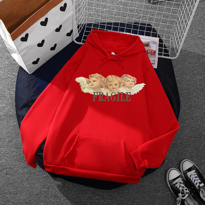 Women Light Oversized Hoodie with Heart EKG Motif, Long Cords and Elastic Cuff