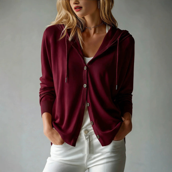 Women Lightweight Hooded Cardigan with Button Placket and Drawstring