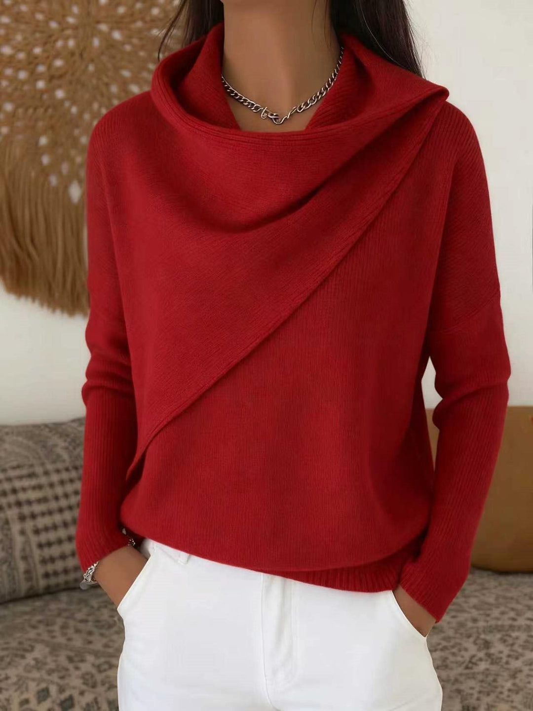 Women's Asymmetric Chunky Knit Sweater with Shawl Collar