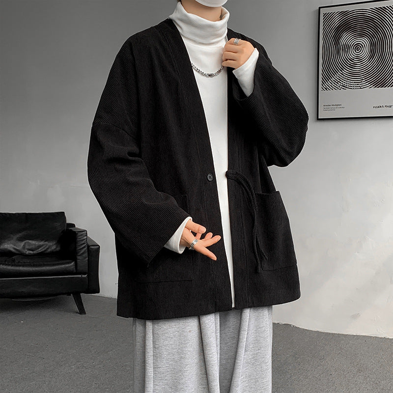 Men's Oversized Cord Kimono Cardigan with Drawstring, Patch Pockets and Drop Sleeves