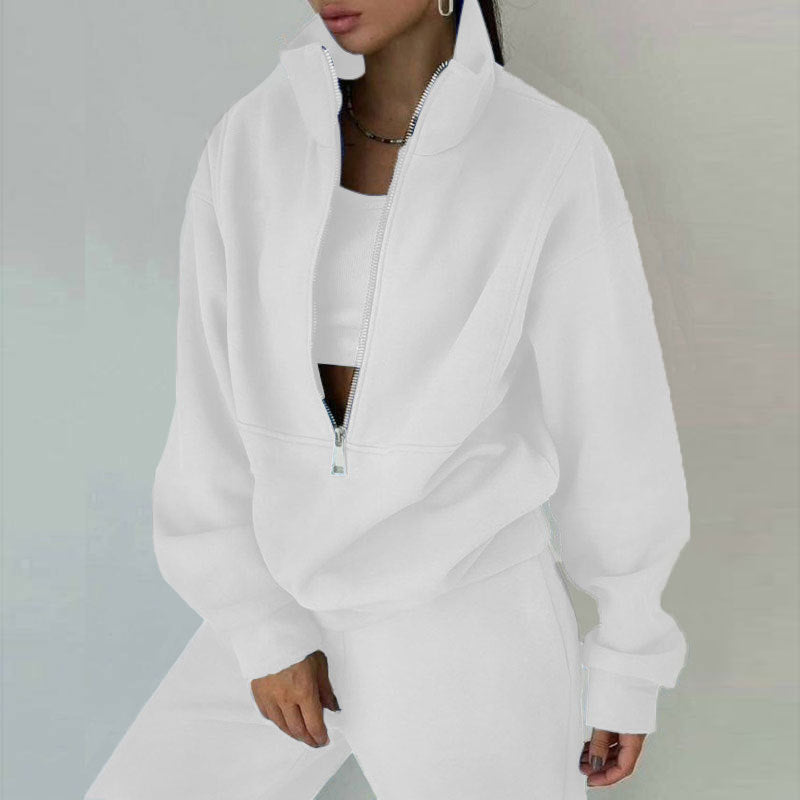 Women's Short Half-zip Sweatshirt and Jogging Pants Set with Stand-up Collar, Oversized Cut and Soft French Terry
