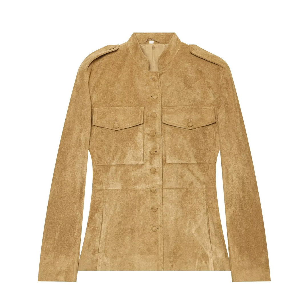 Women's Suede Jacket in Military Style with Stand-up Collar