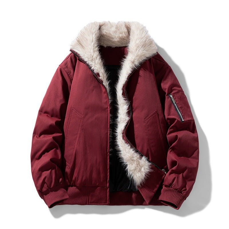 Men's Nappa Padded Bomber Jacket with Synthetic Fur Collar and Windproof Insulation