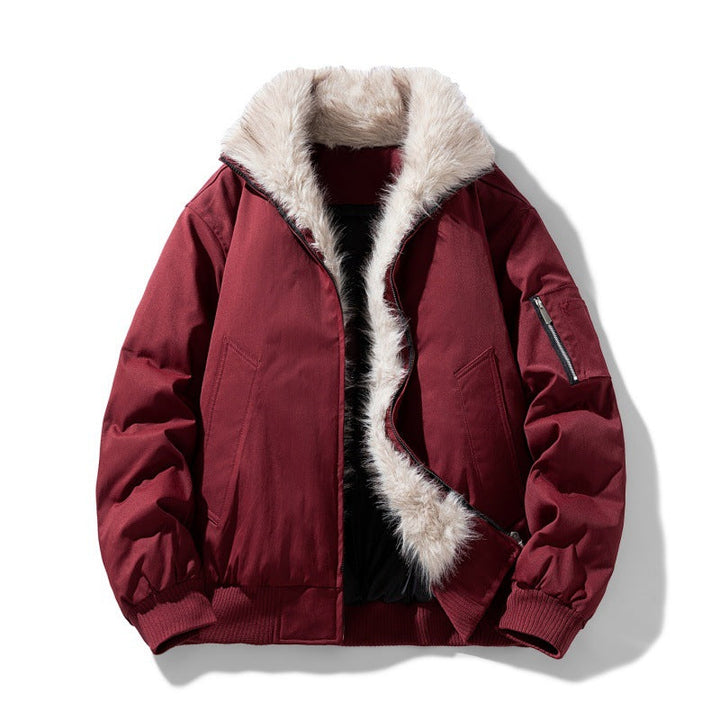 Men's Nappa Padded Bomber Jacket with Synthetic Fur Collar and Windproof Insulation
