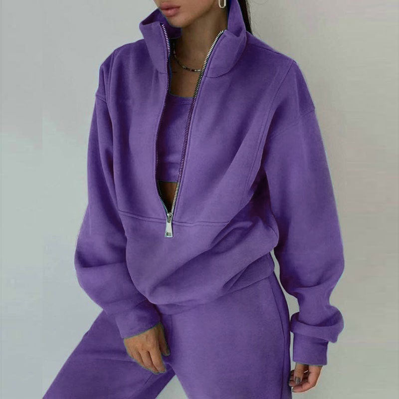 Women's Short Half-zip Sweatshirt and Jogging Pants Set with Stand-up Collar, Oversized Cut and Soft French Terry