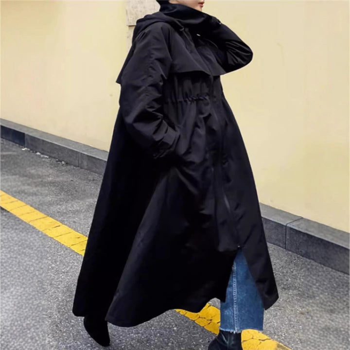 Women Oversize Long Raincoat with Hood, Water-Repellent Fabric and Wide A-Line Cut