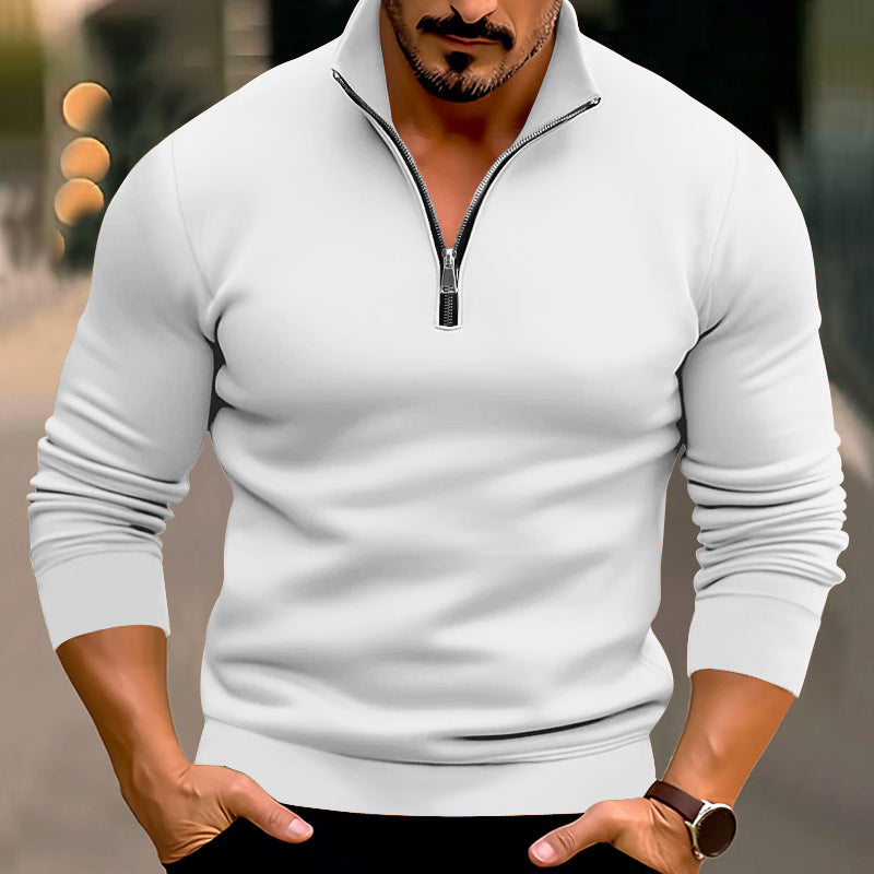 Men's Fitted Fine Knit Pullover with Short Zipper and Stand-up Collar