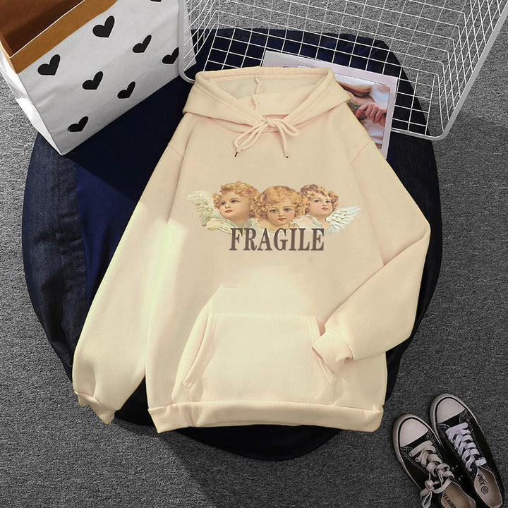 Women Light Oversized Hoodie with Heart EKG Motif, Long Cords and Elastic Cuff