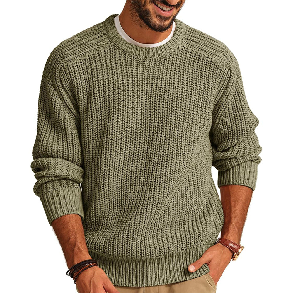 Men's Chunky Knit Pullover with Round Neck and Casual Fit