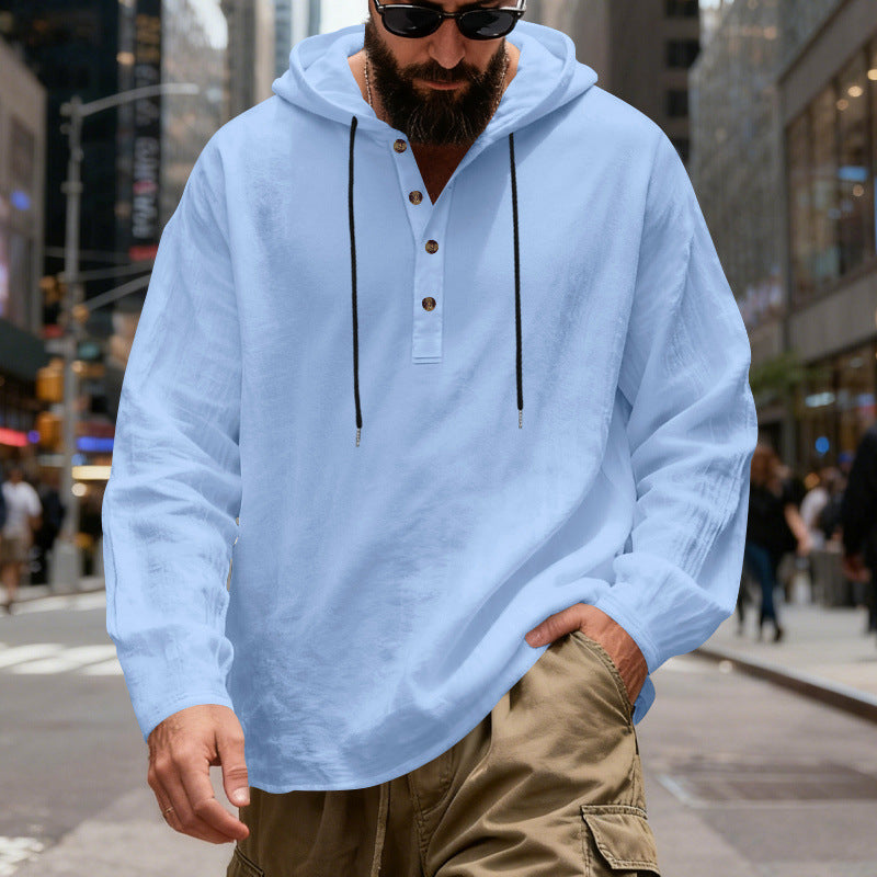 Men's Lightweight Hooded Shirt with Button Placket made of Linen Blend and Relaxed Fit