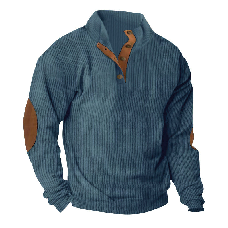 Men's Ribbed Henley Sweater with Stand Collar, Button Placket & Leather Elbow Patches
