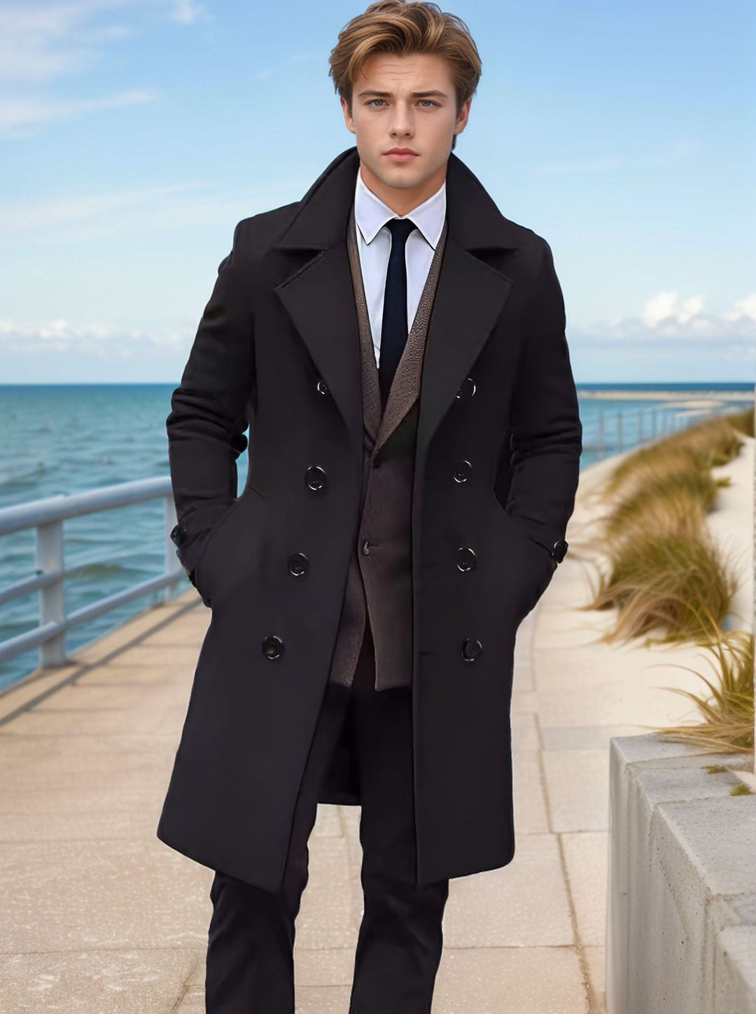 Men's Elegant Single-Breasted Long Coat made of Wool Blend with Slim Silhouette and Lapel Collar