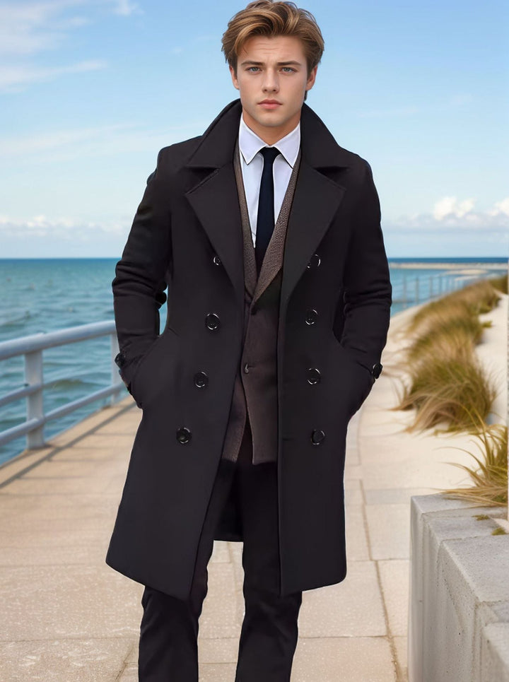 Men's Elegant Single-Breasted Long Coat made of Wool Blend with Slim Silhouette and Lapel Collar