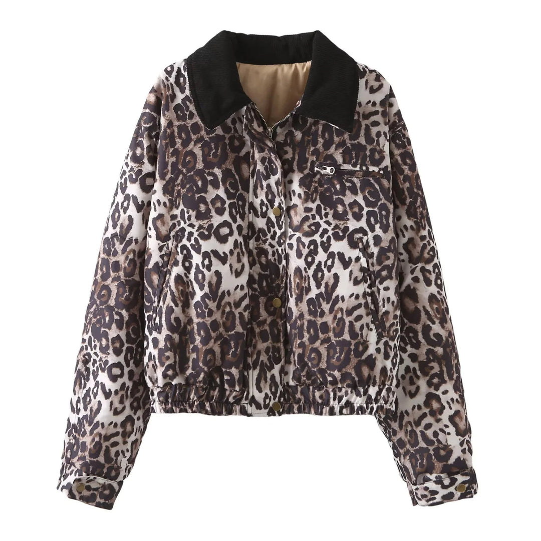 Women's Cropped Bomber Jacket with Corduroy Collar, Chest Zipper, and Elastic Drawstring Hem