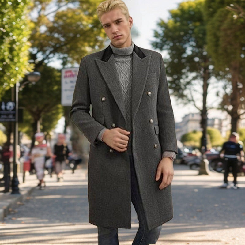Men's Modern Urban Coat with Double Button Placket and Velvet Collar