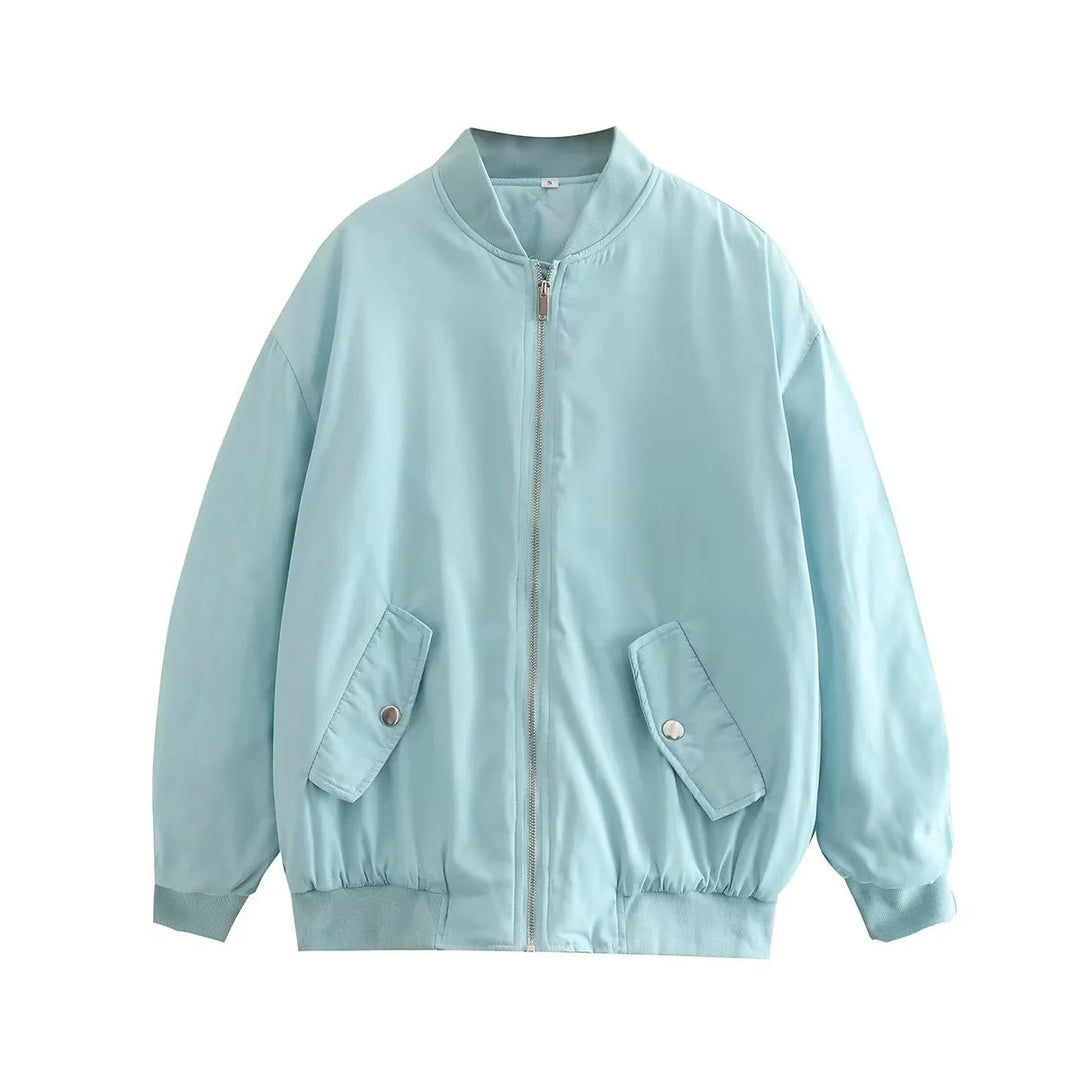 Women's Oversized Bomber Jacket with Stand-up Collar, Zipper and Snap Button Pockets