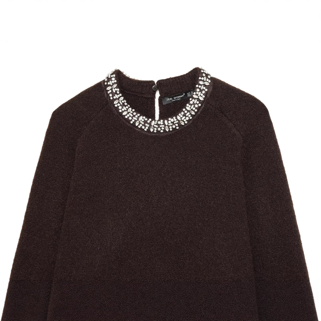 Women's Cropped Knitted Sweater with Embellished Collar and Raglan Sleeves