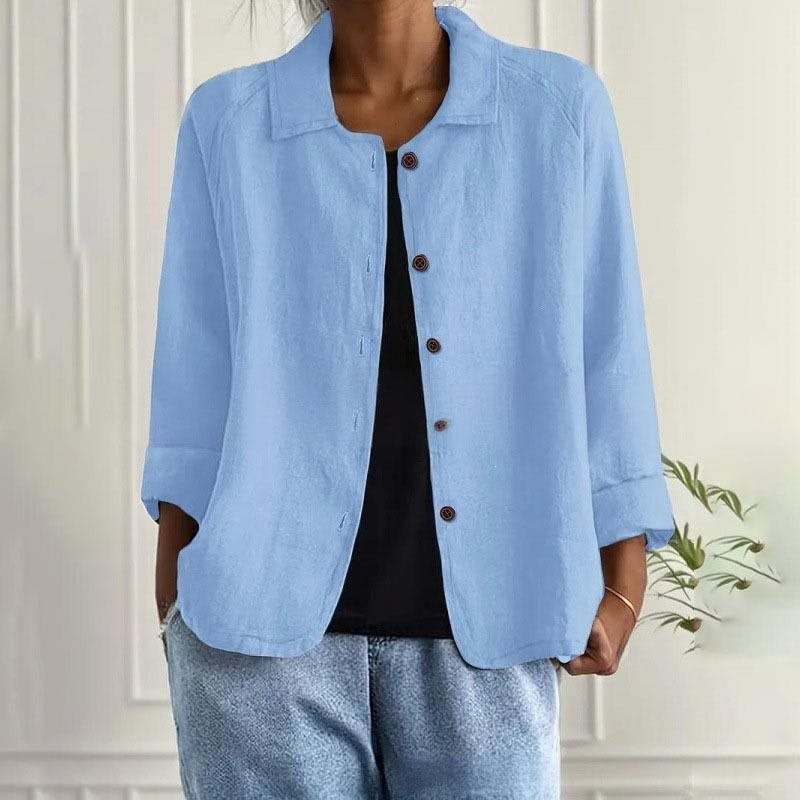Women's Oversized Linen Shirt Jacket with Shirt Collar, 3/4 Sleeves and Continuous Button Placket