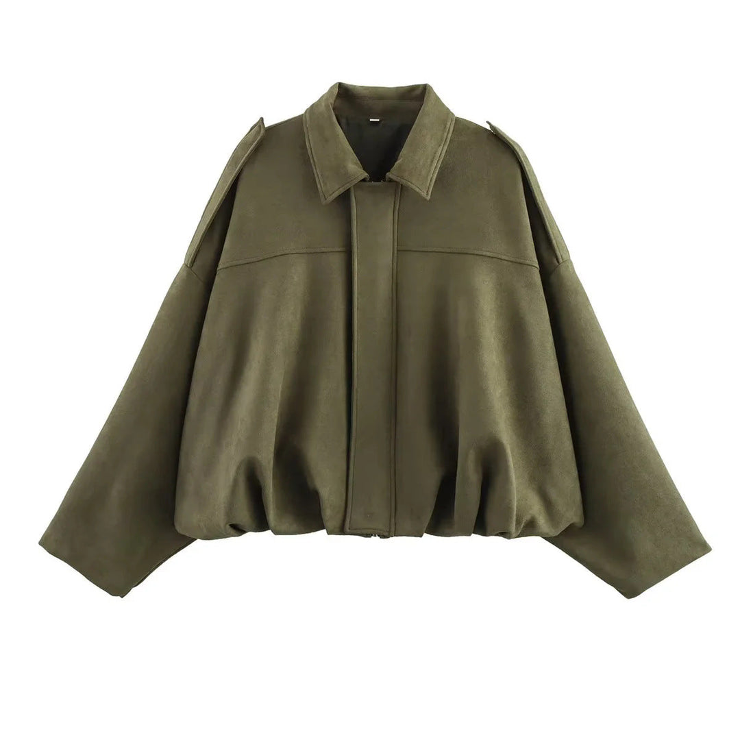 Women Oversized Suede Bomber Jacket with Shoulder Epaulettes